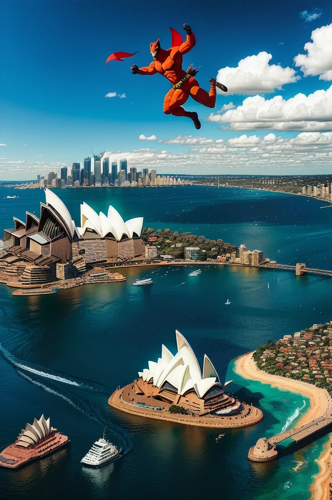 Australia: A unique superhero resembling a combination of kangaroo and human, with incredible jumping power. They wear a utility belt with pouches and have a boomerang in hand. The Sydney Opera House can be seen in the distance.