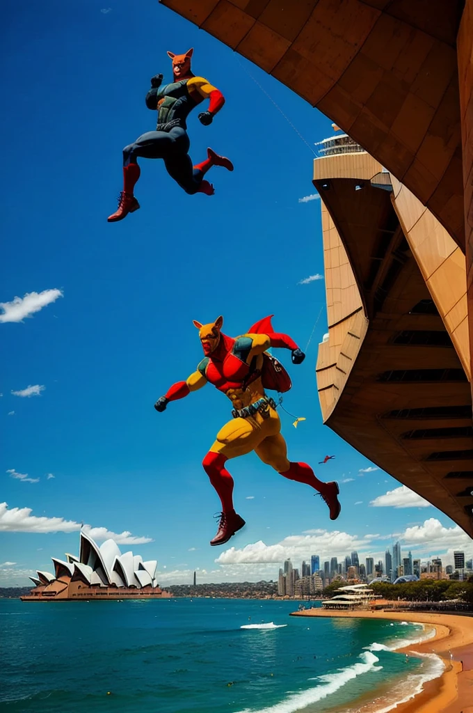 Australia: A unique superhero resembling a combination of kangaroo and human, with incredible jumping power. They wear a utility belt with pouches and have a boomerang in hand. The Sydney Opera House can be seen in the distance.