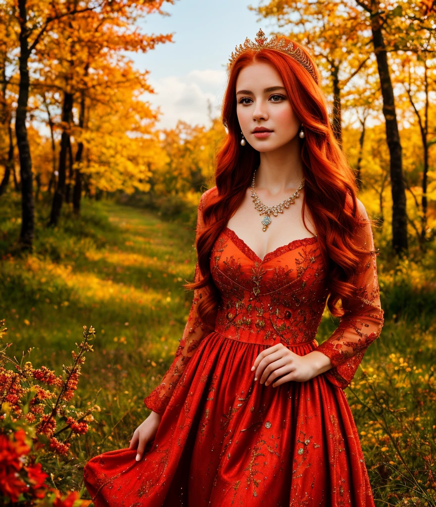 8 k, (Detailed autumn background), Unbelievable quality, (focal length f/2.8:1.1), (возраст16 y), young pretty red-haired girl in a luxurious dress, [oily leather : pearl skin : 10], Ruby Crown, diamond necklace, (Intricate oil painting:1.1), excellent detail, world, Photorealistic painting by Greg Rutkowski, ideal,HD,8k,HDR color