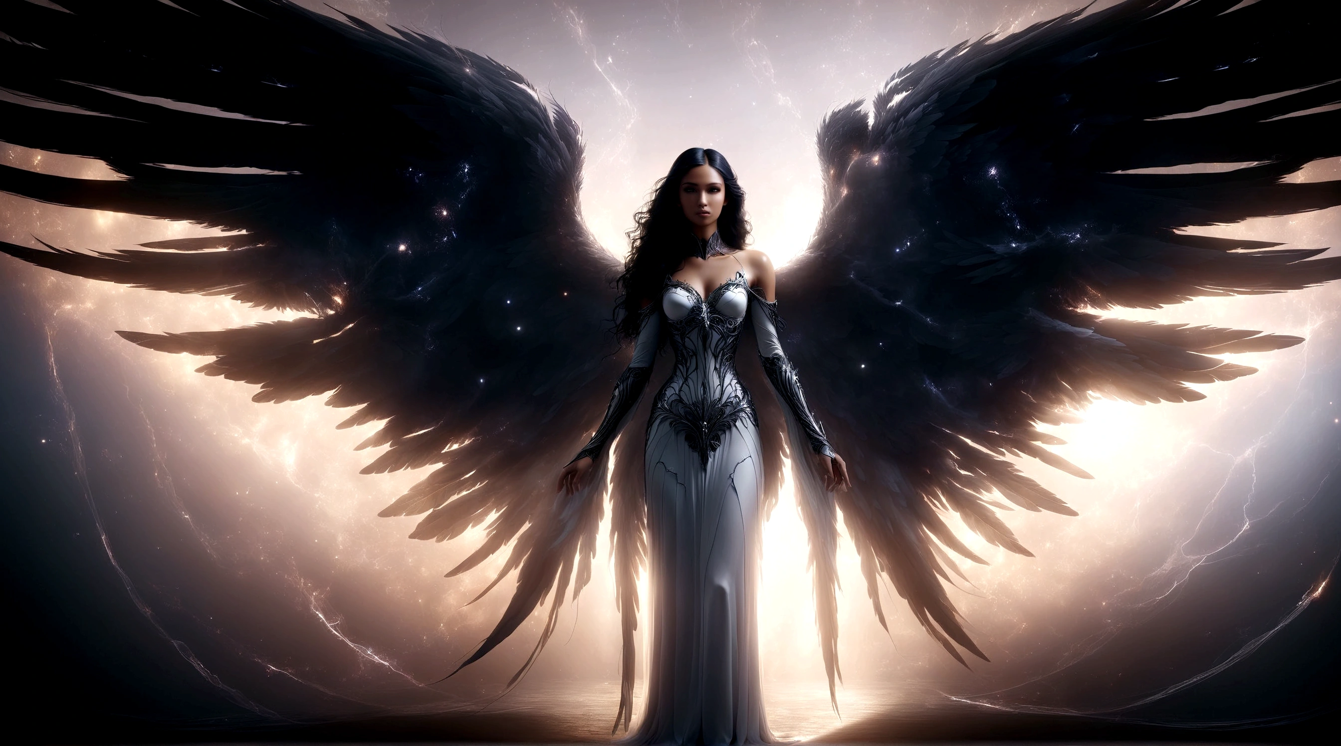 arafed image of a woman with wings in a dark room, angel with black wings, villainess has black angel wings, super wide angel, beautiful female angel, beautiful cyborg angel girl, epic angel wings, full - body majestic angel, dark angel, angel knight gothic girl, of beautiful angel, tall female angel, beautiful angel, an angel of the dawn light