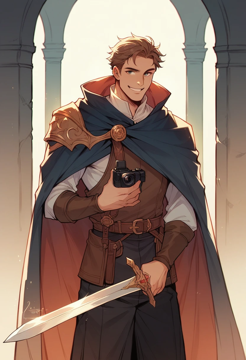 Male adventurer lending a hand to camera, seathed sword, cape, dark fantasy cinematic lighting, smiling,
