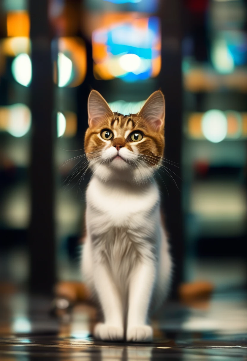 A clever cat standing on its hind legs, using its paw to withdraw money from an ATM machine, with a surprised expression.