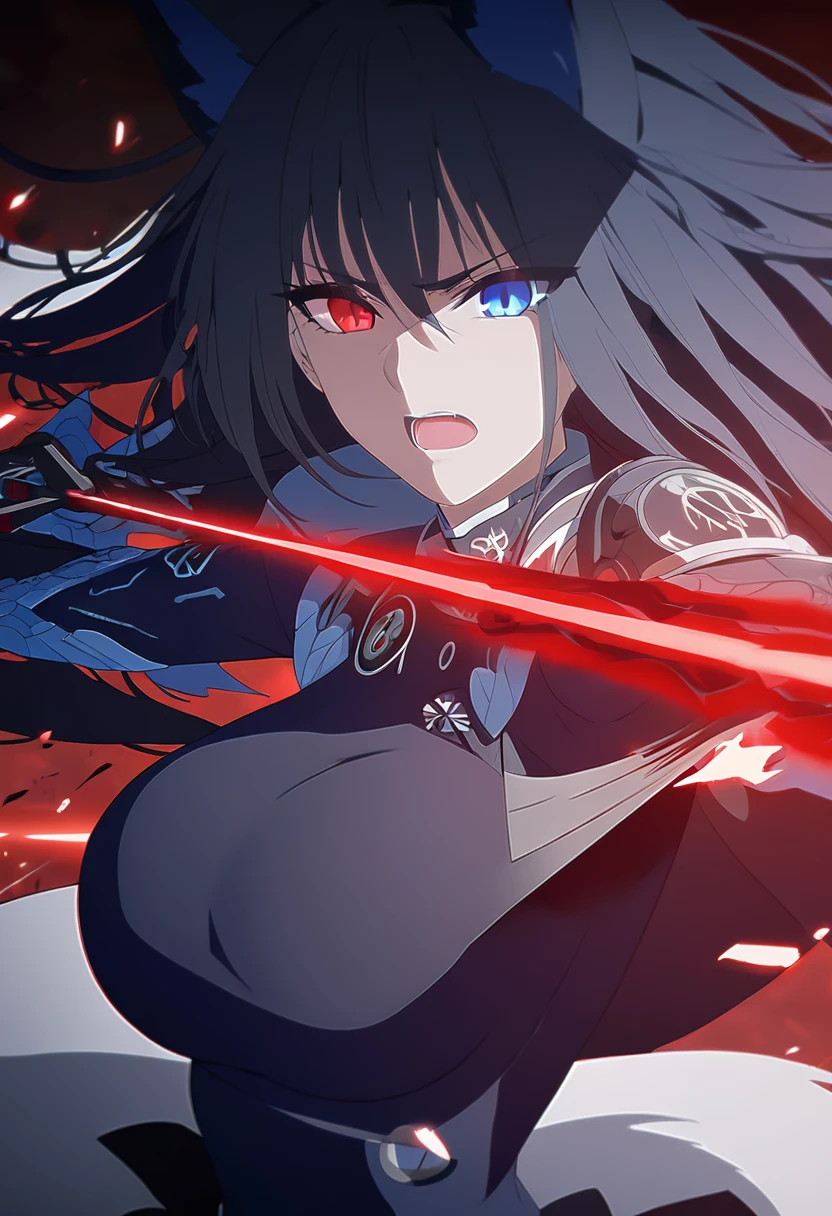 a beautiful blue and black kitsune, big breasts, long blue and black hair, slim waist, detailed portrait, intricate details, dramatic lighting, mystical, elegant, sensual, long white tail, heterochromia (one blue eye, one red eye), holding a bow,  attacking pose, Alpha crimson wave, ((punishing gray raven)), blue will-o&#39;-the-wisp would come out of his eye 