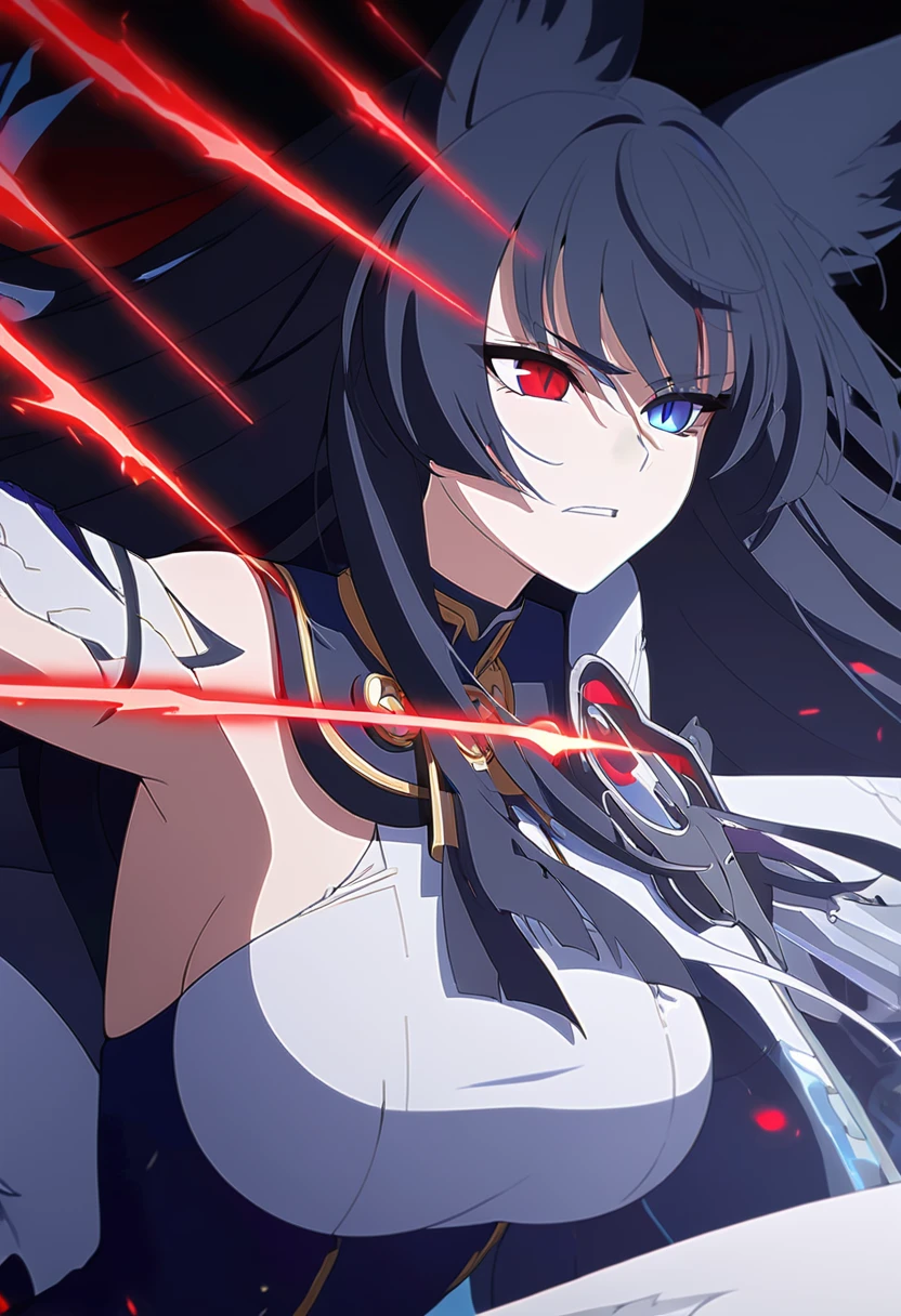a beautiful blue and black kitsune, big breasts, long blue and black hair, slim waist, detailed portrait, intricate details, dramatic lighting, mystical, elegant, sensual, long white tail, heterochromia (one blue eye, one red eye), holding a bow, attacking pose, Alpha crimson wave, ((punishing gray raven)), blue will-o'-the-wisp would come out of his eye