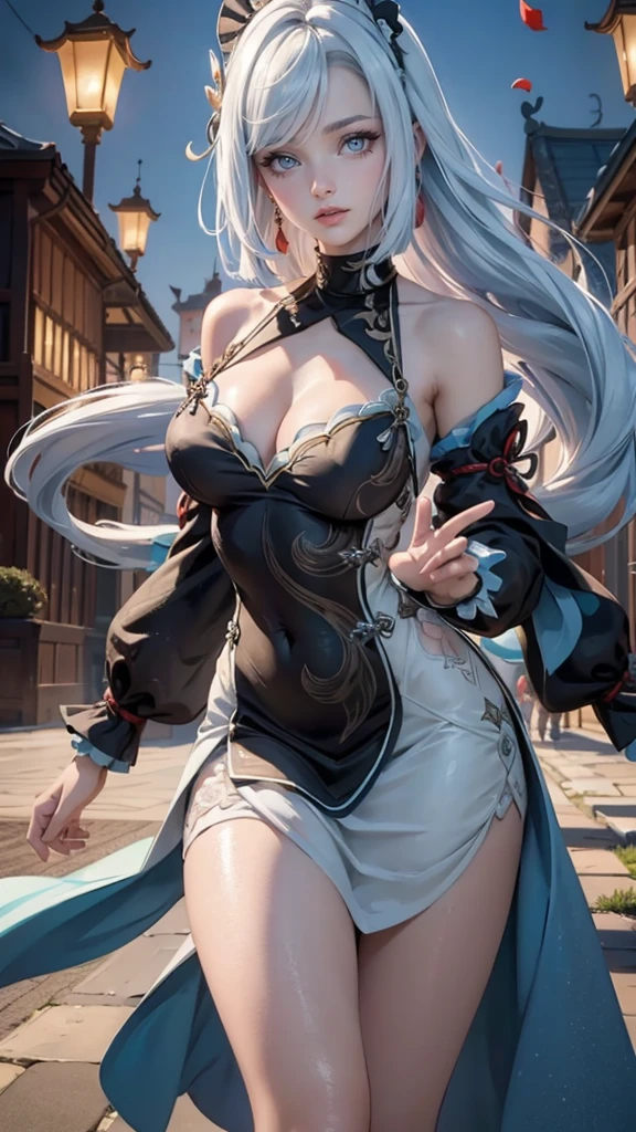elegant young woman, 1 girl, solo, long light blue hair, blue eyes, fur-trimmed white coat, large breasts, white gloves, jewelry, maid dress, maid apron, maid headdress, Shenhe (Genshin Impact), Genshin Impact, night scene, traditional Chinese style, lanterns, best quality, masterwork, photorealistic, 8K, hyper detailed, 1girl, dress, solo, flowing hair, floating hair, ornament hair, perfectly body, perfectly hands, on garden, petals, centered girl, black dress, more details on her clothes, dress with transparency, golden details, daylight, smiling, cape, ((4k, masterpiece, top-quality)),8k, best quality, high resolution, HD, (illustration:0.8), super cute girl, delicate and beautiful face, mature girl, super cute hairstyle, (beautiful detailed eyes:1.6), extremely detailed face, perfect lighting, extremely detailed CG, (perfect hands, perfect anatomy), Best quality, cleavage, small skirt, full Body, two arms, two hands, two legs, five fingers in each one hand, solo, long hair, blue eyes, fur trim, fur-trimmed coat, large breasts, white gloves, light blue hair, white coat, jewelry, maid dress, maid apron, maid headdress, sexy girl, large breasts, Shenhe_(genshin impact), Genshin Impact, 1girl, solo, white hair, arle_suit, masterwork, best quality, chinese style, night, lanterns, tradicional chinese style, maid dress, maid headdress,