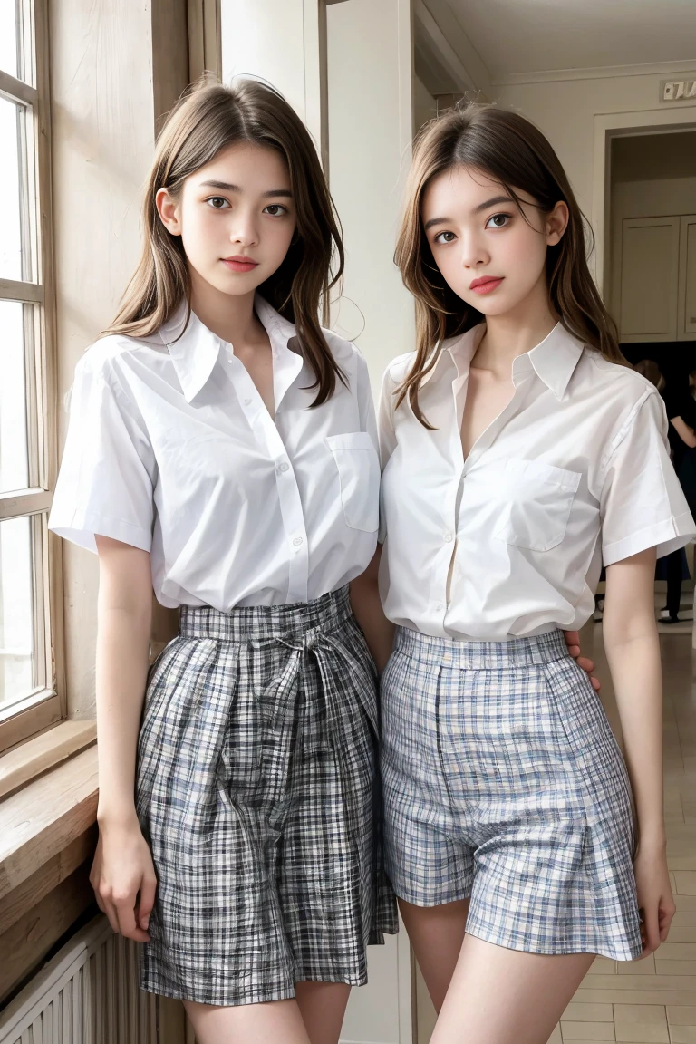 deux femmes ensemble de 18 ans sexy et mince , white short sleeve checkered shirt , jambe visible , se touche,salle de classe