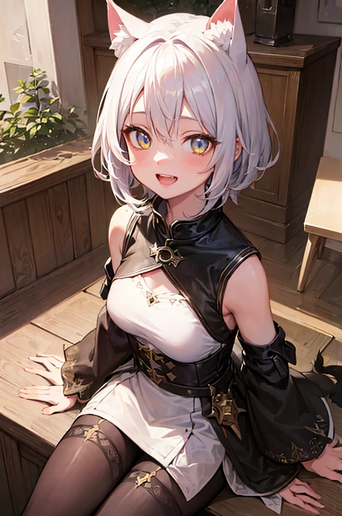 (best quality,ultra-detailed,highres,masterpiece:1.2), happy face, smile face, joy expression, open mouth a little, teeth, canine teeth, bare shoulders, careful with hand,beautiful anime girl with white hair and yellow eyes, young neko girl, very young, childish face, small height, children, (8 year old), cat ears, short hair, d&d, (joy), (happy), (laugh), happy vibrant expression, smile,deep and expressive yellow eyes, porcelain skin,subtle blush on cheeks,attention to eye and lip details, forest ambient, rogue class, leather fantasy outfit, BREAK (masterpiece:1.2), best quality, high resolution, unity 8k wallpaper, (illustration:0.8), (beautiful detailed eyes:1.6), extremely detailed face, perfect lighting, extremely detailed CG, (perfect hands, perfect anatomy),