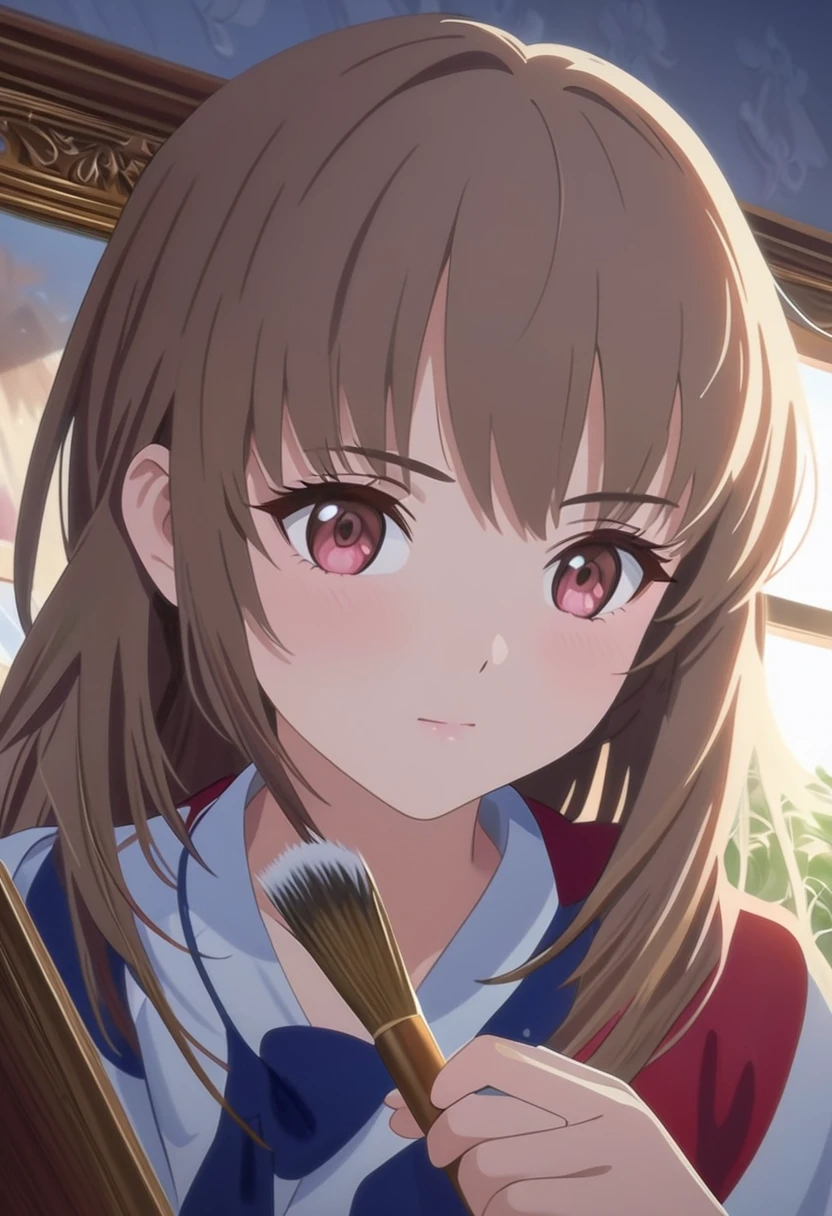 anime girl with a brush and a painting board in front of a window, painted in anime painter studio, realistic drawing of a cute girl, beautiful anime portrait, anime. soft light, 4k detailed coloring, anime realism style, realistic anime artstyle, Artwork in the style of gouache, realistic anime art style, made with anime painter studio, portrait anime girl