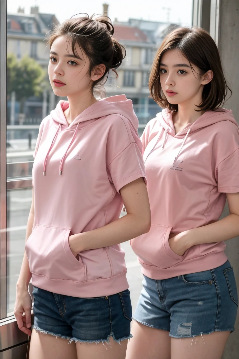 deux femmes ensemble de 18 ans sexy et mince , pink short sleeve hoodie , jambe visible , se touche,salle de classe