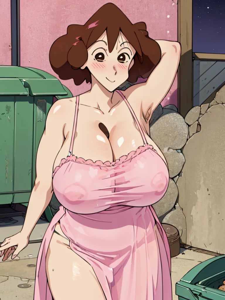 Misae Nohara, (Auntie:1.5), (Mature Woman:1.5), (absurderes, 8K, 4K, masutepiece, hyper extreme detailed:1.2), Best Quality, Perfect Anatomy,Perfect face,High humidity, (Huge breasts:1.7), (A sheer pink nightgown:1.4), (Wet:1.2), (.Alley:1.3), Graffitied wall, Garbage can, Scattered trash, (alone:1.5), (Brown eyes:1.2), (Clothing is revealing:1.2), Exposed shoulders, Torn clothes, Are pregnant, Firm breasts, Upturned nipples, Showing cleavage, Mole on chest, (Thick armpit hair:1.4), (blush:1.2), A kind smile, relief, peace of mind, (maternal:1.3), (Gentle look:1.5), Smiling face, (Outdoor:1.5), (Out:1.3), half closed eyes, naughty face
