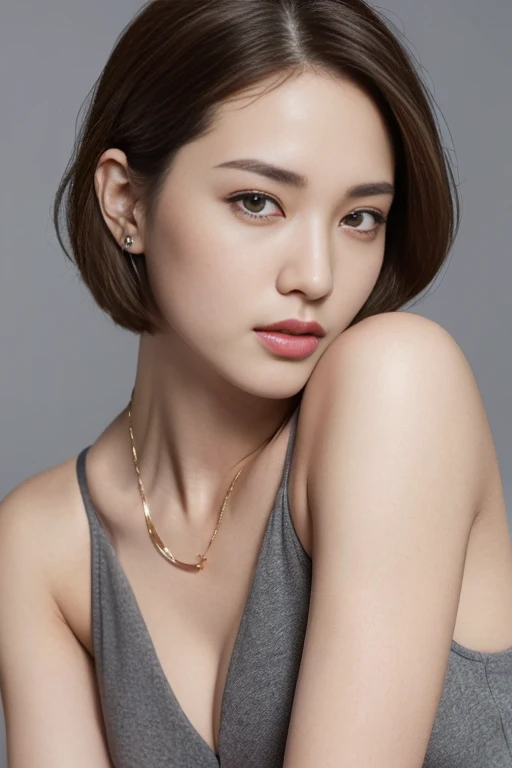 ((top-quality、8K、masterpiece: 1.erfect Body Beauty: 1.4、Slender Abs: 1.2、Beautiful woman with slender abs:1.3、(Highlight Haircutreast B Cup:1.2), medium breast, round shape breast, perfect shape breast, (( sexy , sheer )), necklace, hyperdetailed face、18year old、 Pretty women、(Dark brown short-cut hair), Slim Face、Highly detailed facial and skin texture、very detailed lips、opens legs、top-quality、masterpiece、超A high resolution、(Photorealsitic:1.4), walked forward confidently, long shot , studio setup, photography steup, light from both side, background,