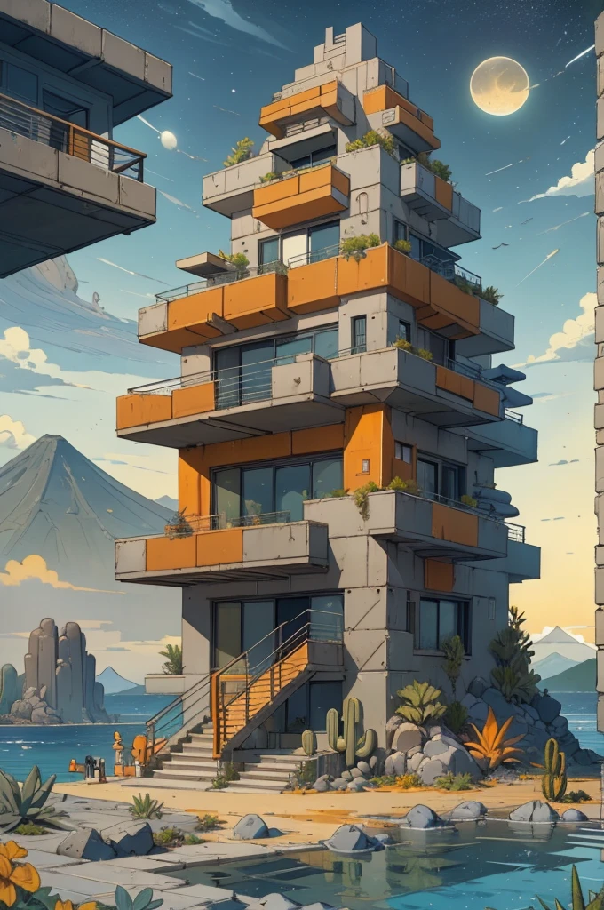 An illustration in collage style, with giant boulders, brutalist building sections, terraces, stairs, cacti, agave, concrete texture, multiple geometric shapes, hatch and cross hatching, planet saturn, volcano, moon, Luis Barragán's architectural style build, milky way galaxy, violet, one motorcycle, An illustration in collage style, with giant boulders, brutalist building sections, stairs, cacti, agave, concrete texture, multiple geometric shapes, hatch and cross hatching, planet saturn, volcano, moon, Luis Barragán's architectural style build, reflective pool, terraces. An elegant and modern build, in top of big boulders, with terraces, materials concrete, wood, steel and crystal, various gardens with tropical vegetation, cacti and rocks, stairs, a pool. In middle of sea, a big wave near, sunset, mountains and a volcano in the horizont, cute islands around, illustration format, cute color palette, detailed, masterpiece, award-winning work, clouds, Illustration, a garden with abundant cacti, ((various organic sculptures)), ((big rocks)), (((multiple sections))), collage style, detailed, (((color palette (olive green), (Mustard orange), cool grey, ((blue)), black and white))), (((a lot Luis barragán's architecture style builds))) big clouds, volcano in horizon, stairs, in the desert. ((masterpiece, best quality)),illustration,ultra detailed 8k, ((Ori Toor visual style)),soviet, megabuildings, megastructures, buildings, organic steel sculpture