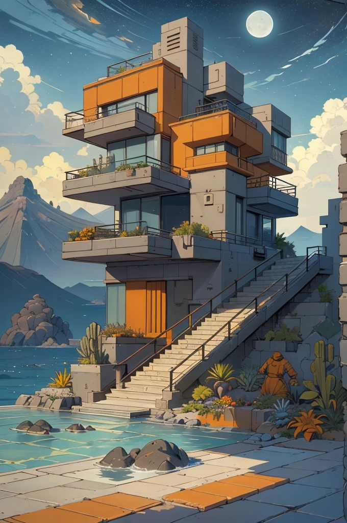 An illustration in collage style, with giant boulders, brutalist building sections, terraces, stairs, cacti, agave, concrete texture, multiple geometric shapes, hatch and cross hatching, planet saturn, volcano, moon, Luis Barragán's architectural style build, milky way galaxy, violet, one motorcycle, An illustration in collage style, with giant boulders, brutalist building sections, stairs, cacti, agave, concrete texture, multiple geometric shapes, hatch and cross hatching, planet saturn, volcano, moon, Luis Barragán's architectural style build, reflective pool, terraces. An elegant and modern build, in top of big boulders, with terraces, materials concrete, wood, steel and crystal, various gardens with tropical vegetation, cacti and rocks, stairs, a pool. In middle of sea, a big wave near, sunset, mountains and a volcano in the horizont, cute islands around, illustration format, cute color palette, detailed, masterpiece, award-winning work, clouds, Illustration, a garden with abundant cacti, ((various organic sculptures)), ((big rocks)), (((multiple sections))), collage style, detailed, (((color palette (olive green), (Mustard orange), cool grey, ((blue)), black and white))), (((a lot Luis barragán's architecture style builds))) big clouds, volcano in horizon, stairs, in the desert. ((masterpiece, best quality)),illustration,ultra detailed 8k, ((Ori Toor visual style)),soviet, megabuildings, megastructures, buildings, organic steel sculpture