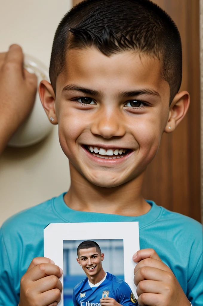 ((best quality)), perfect face, buzz cut hair, kid boy, laughing , holding photo who is cristiano Ronaldo
