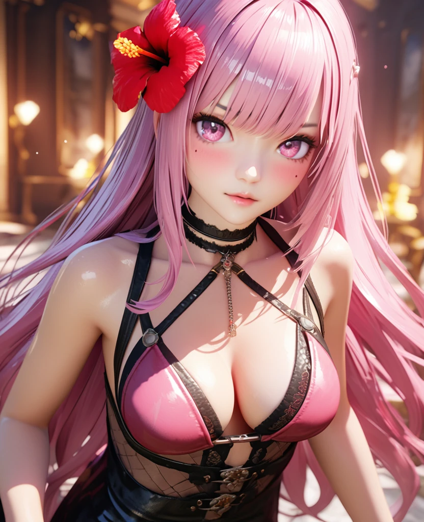 masterpiece,highest quality, Very detailed, High resolution, expensive resolution, High resolution, 4K, 8k, unity 8k wallpaper, Very detailed CG, masterpiece, 2D, 3D, Beautiful details, depth, Fine texture , highest quality: 1.3, Fully focused, Crispy.skin, .he,
Very cute anime girl 、bikini、Large Breasts、Pink medium-long hair wearing expensive , Two Girls、Holding a gun, Mole under the eye, looking at the viewer , expensive , blush, Mole, Lips parted, Hibiscus Hair Accessories, heart, Pink Eyes, choker