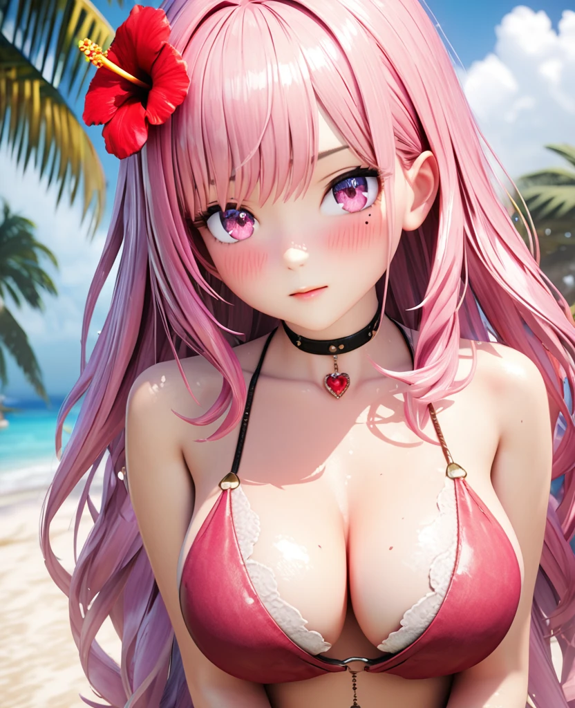 masterpiece,highest quality, Very detailed, High resolution, expensive resolution, High resolution, 4K, 8k, unity 8k wallpaper, Very detailed CG, masterpiece,  2D, 3D, Beautiful details, depth, Fine texture , highest quality: 1.3, Fully focused, Crunchy.skin, .he,
Very cute anime girl 、bikini、Big Breasts、Pink medium-long hair wearing expensive , One Girl、Palm tree、Seaside,  Mole under the eye, looking at the viewer , expensive , blush, Mole, Lips parted, hibiscus hair accessory, heart, Pink Eyes, choker