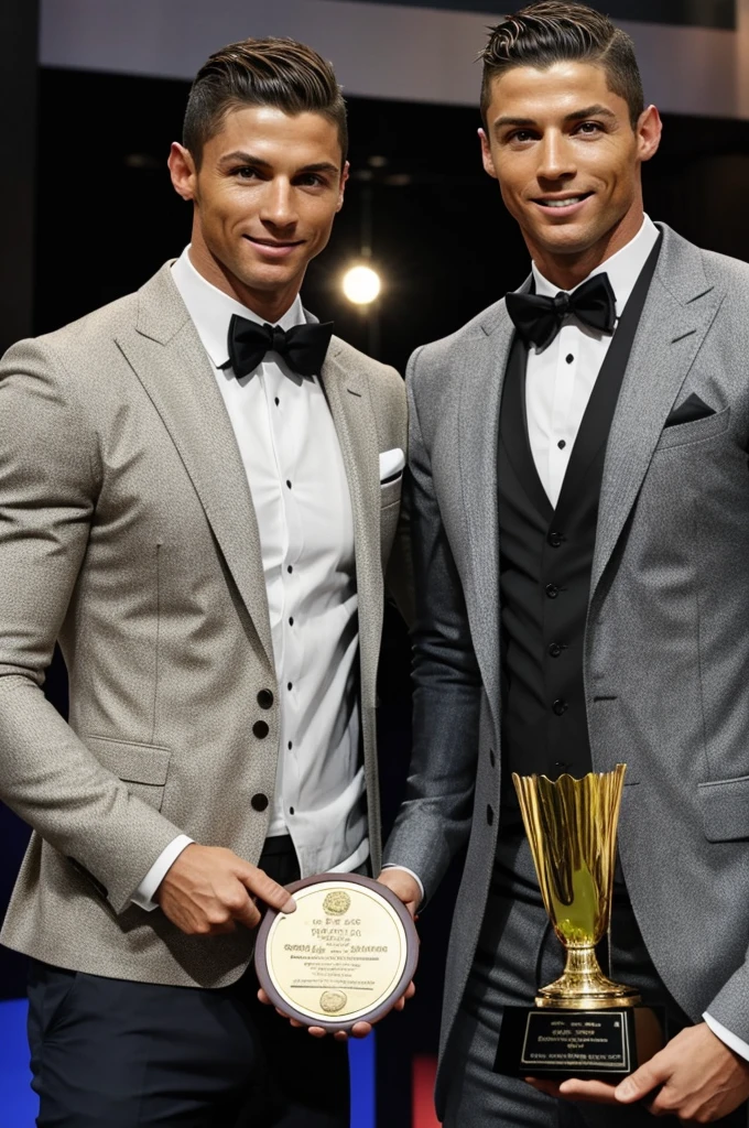 Messi and Cristiano Ronaldo accompanied by their awards