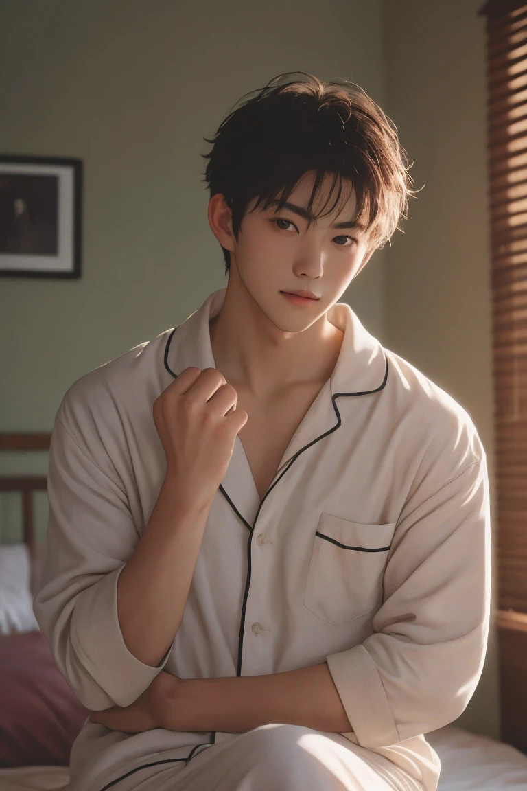 Handsome man portrait, Shoot with Leica, shadow play, Gorgeous lighting, Subtle pastel tones, bedroom，Wearing pajamas，Looking at the camera，deep feeling