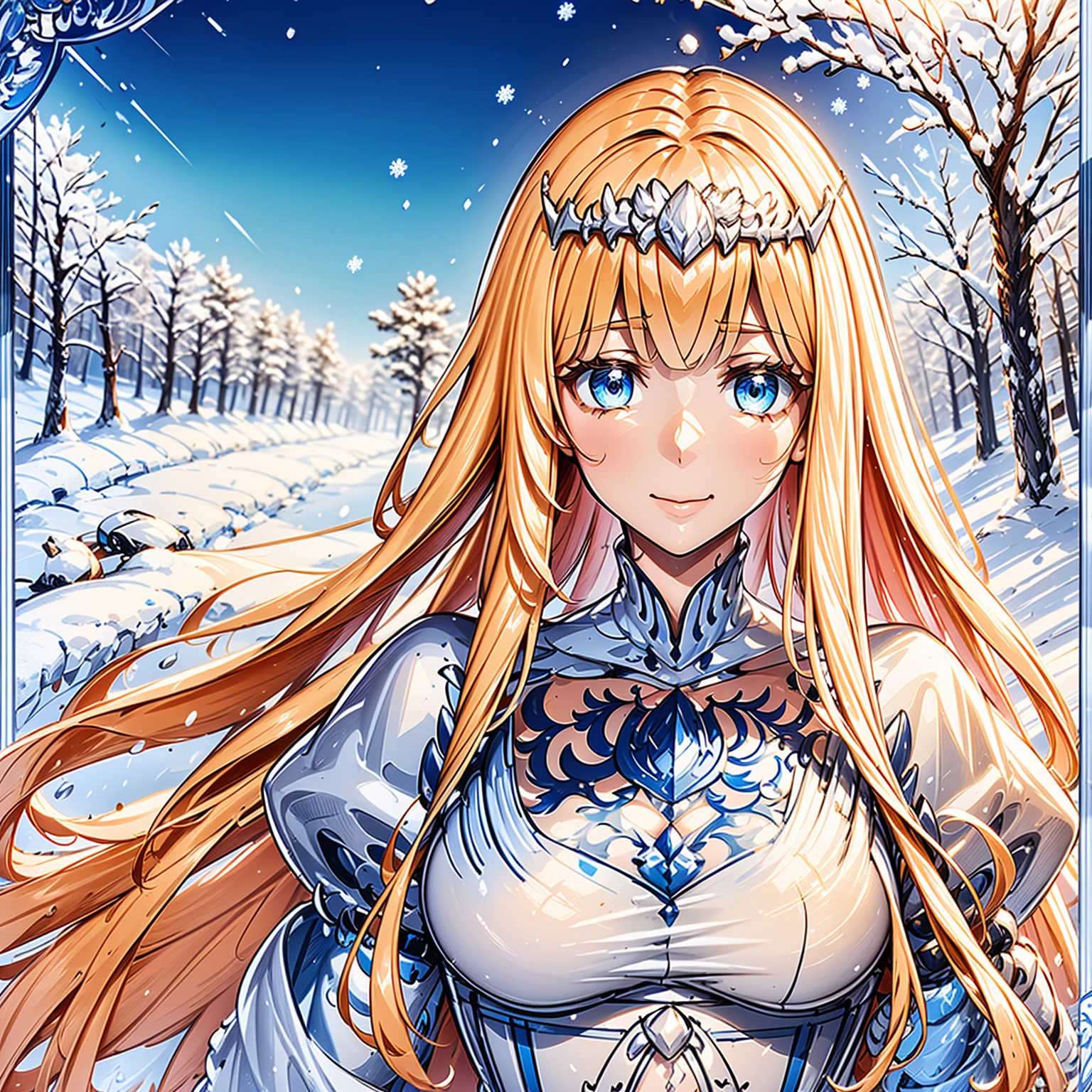 ,sacred, Have fun, gentleness,,(There is winter:1.3), Blue Eyes,maximalism,,The background is cold earth.,the person only, Beautifully detailed face,(wind and snow affect:1.1),Enchanted, 1girl, solo, Calca, Calca Bessarez, blonde hair, (extremely long hair:1.3), very long hair, white tiara, white dress, blue eyes, medium chest, long straight hair, mature female, 25 years old,
