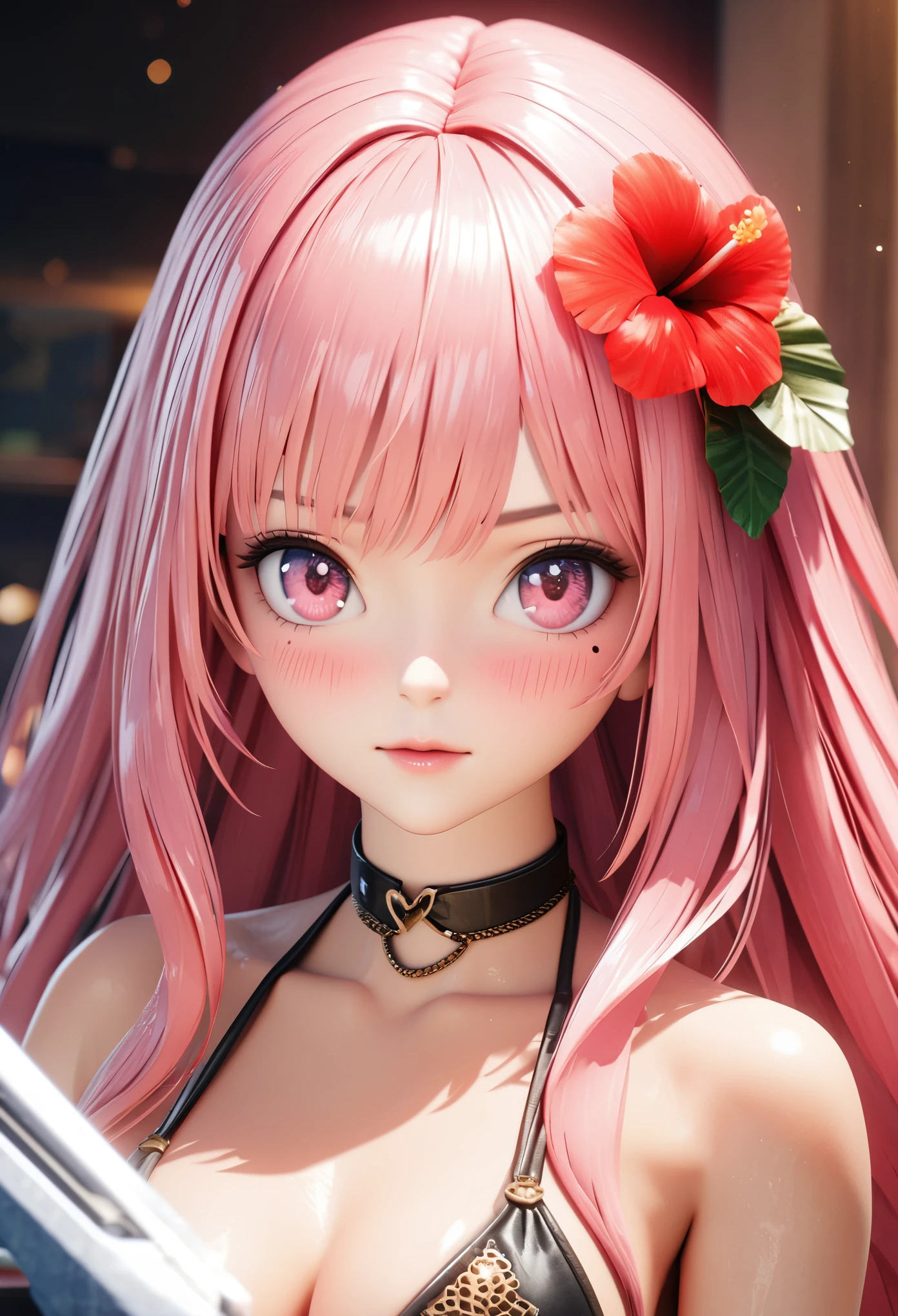 masterpiece,highest quality, Very detailed, High resolution, expensive resolution, High resolution, 4K, 8k, unity 8k wallpaper, Very detailed CG, masterpiece, 2D, 3D, Beautiful details, depth, Fine texture , highest quality: 1.3, Fully focused, Crispy.skin, .he,
Very cute anime girl 、bikini、Large Breasts、Pink medium-long hair wearing expensive , Two Girls、Holding a gun, Mole under the eye, looking at the viewer , expensive , blush, Mole, Lips parted, Hibiscus Hair Accessories, heart, Pink Eyes, choker