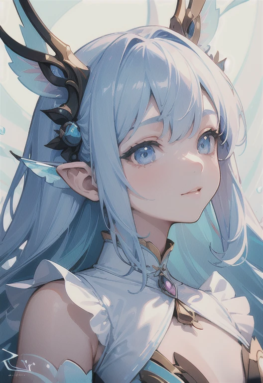 ((Blue skin)), ((missing one arm)), (has only one atm), ((one armed girl)), white skirt, greece white upper body clothes, girl, white hair, (white nimbus on her head weared as wreath), no bra