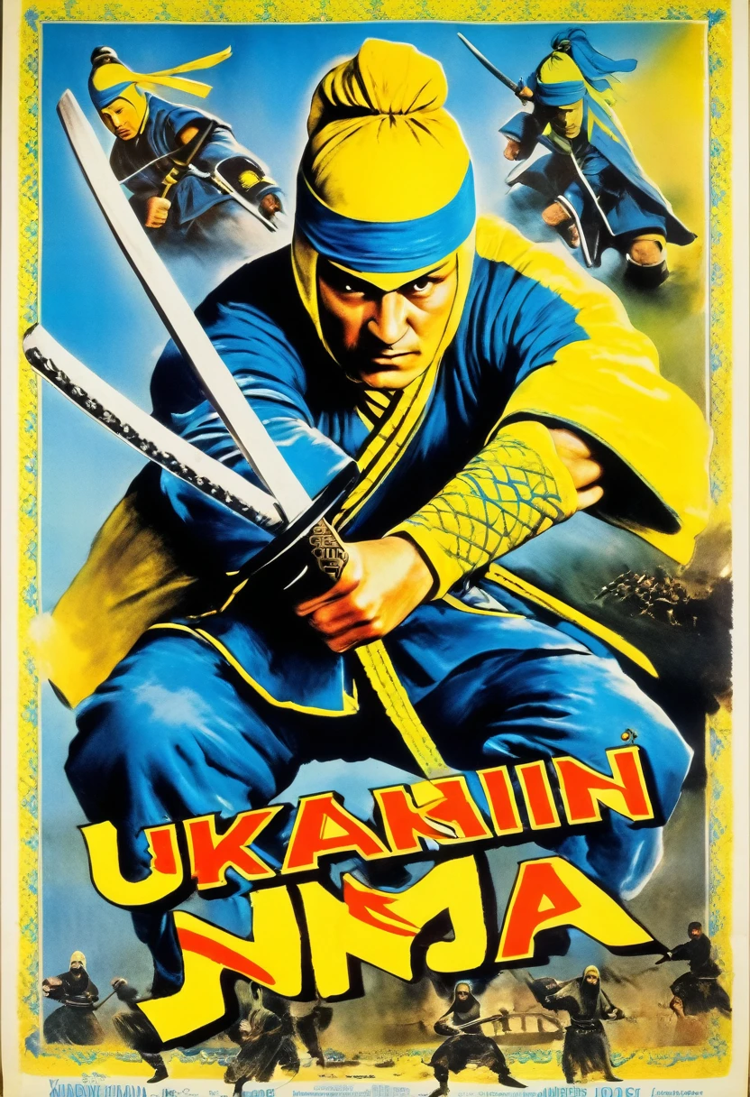 The vintage poster of the film with the image of the Ukrainian Kozak Ninja, in a ninja costume, with swords, with a blue yellow bandage on the head, legs and arms. The word "Ukrainian ninja" is written in the lower part of the poster, in the style of films of the 1980s, dynamics, speed of movement