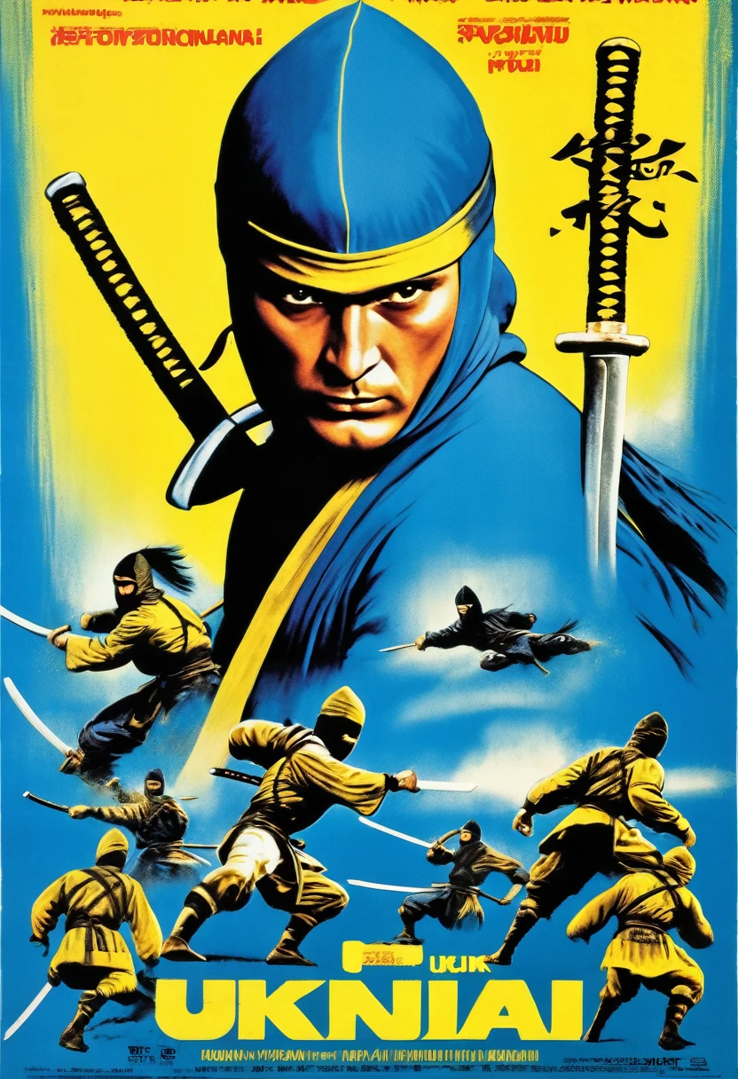 The vintage poster of the film with the image of the Ukrainian Kozak Ninja, in a ninja costume, with swords, with a blue yellow bandage on the head, legs and arms. The word "Ukrainian ninja" is written in the lower part of the poster, in the style of films of the 1980s, dynamics, speed of movement
