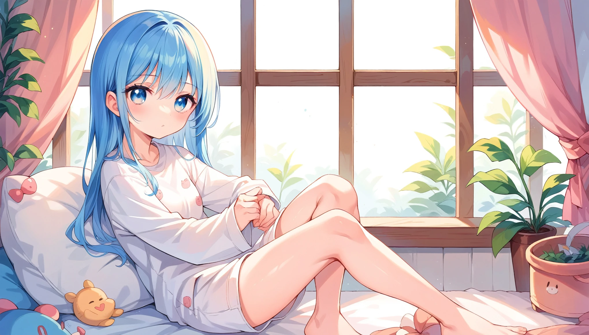 1 girl, Solitary,  Sitting by the window，Wearing white suspender pajamas，Good figure，The girl&#39;s front is a，Only the side face of the girl can be seen，Very beautiful girl，It&#39;s raining outside the window at night