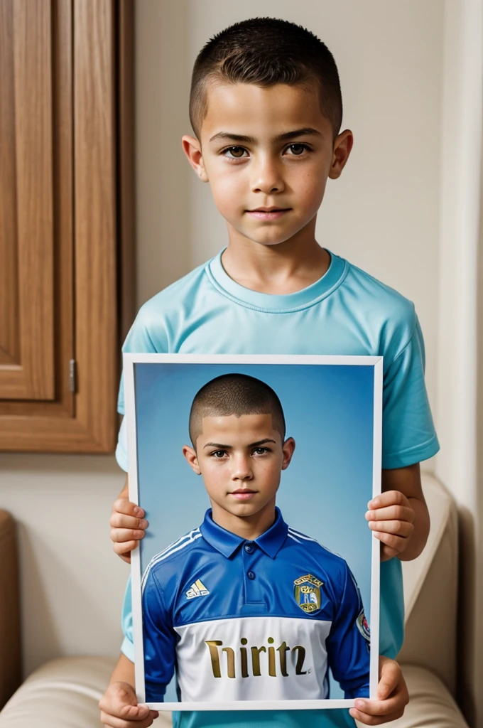 ((best quality)), perfect face, buzz cut hair, kid boy , holding photo who is cristiano Ronaldo