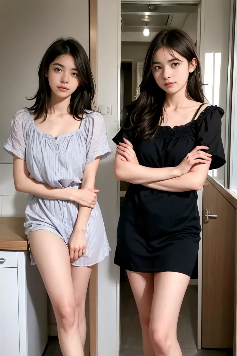deux femmes ensemble de 18 ans sexy et mince , black short sleeve nightdress, salle de classe, se touche,position sey,sensuel