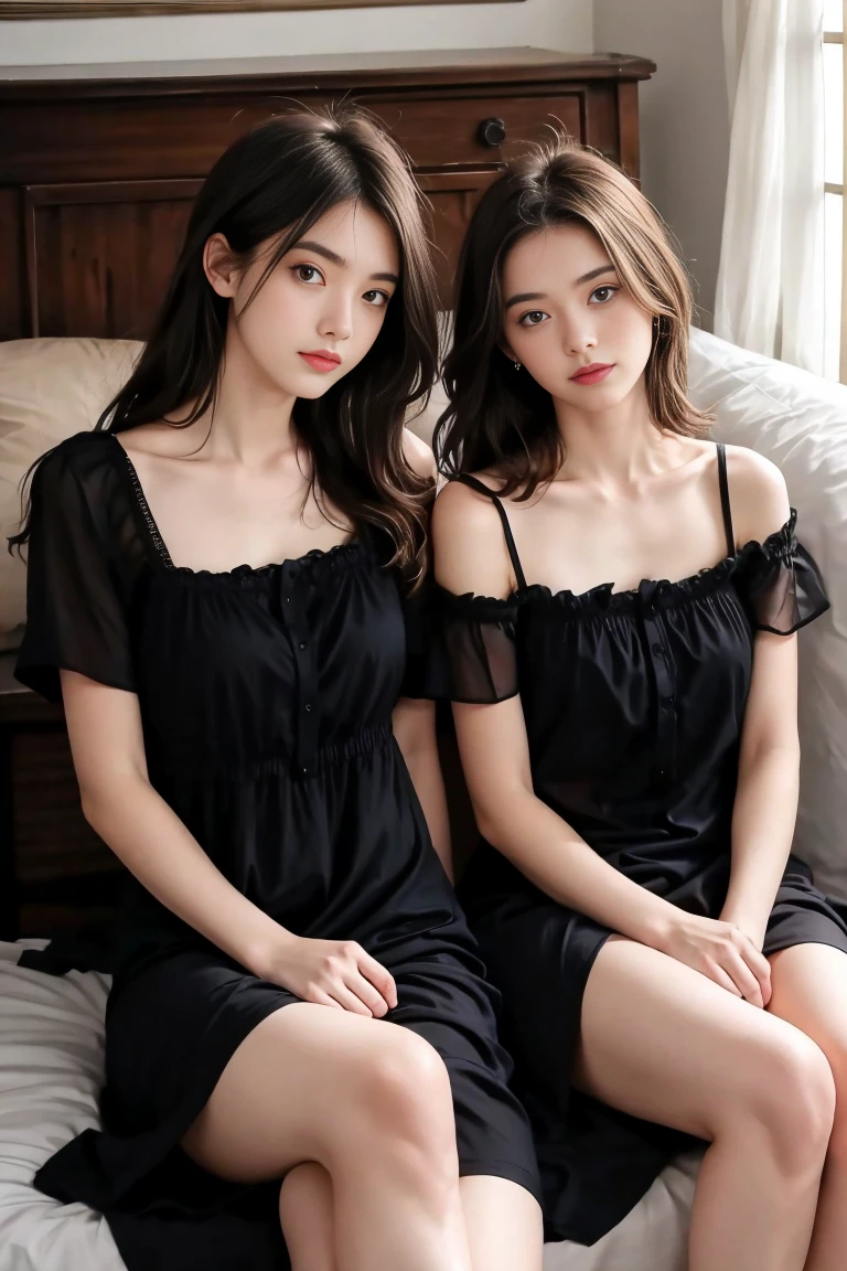 deux femmes ensemble de 18 ans sexy et mince , black short sleeve nightdress , jambe visible , se touche,salle de classe