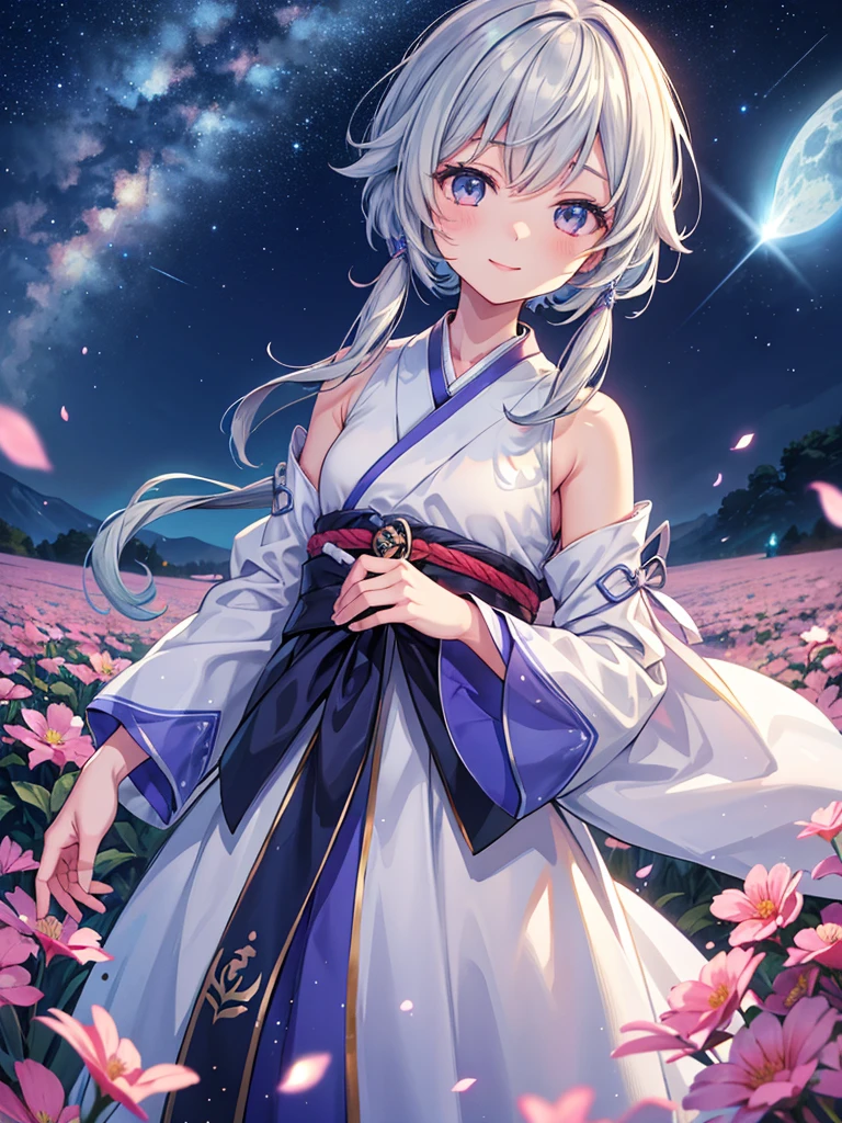 One girl, Kichu City _ ￥ (Genshin _ Impact ￥), LIGHT GREY Hair, short _ and _long _ lock, starry sky _ sky _ printing, independent _Sleeve, Length sleeve _ Past _ Fingers, Hanfu, illustrations are Matsuryu, Agahari, dsmile, a beautiful flower field of soft and shining blue and white glaze, a beautiful flower field, night view, gentle Smile, moonlight, glossy lips, vivid anime coloring, cell shading, smooth, soft and dreamy focus,