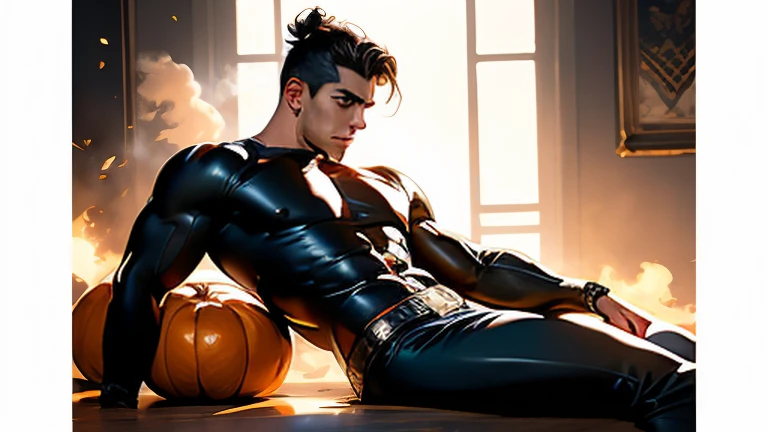 Lying on his stomach puffs of transparent Orange steam gather into the figure of a young man + in tight-fitting tights + aesthetically pleasing + beautiful + high resolution + hyperrealism + professional photo, Young guy, pronounced muscles, fifteen years old, posing, offering himself, tempting, erotic, in a thong, erotic, provocative Halloween costume, Rear top view, European appearance , daring, brutal hairstyle, large voluminous elastic lush buttocks, torn fabric exposed, ART painting, white hair, attractive uncovered male figure, full-length silhouette, image of insidious seduction, professional photo,