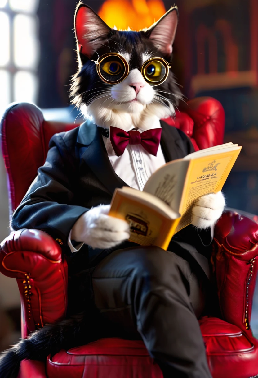 A sophisticated cat wearing a monocle and bow tie, reading a tiny book while sitting in a plush armchair by a fireplac