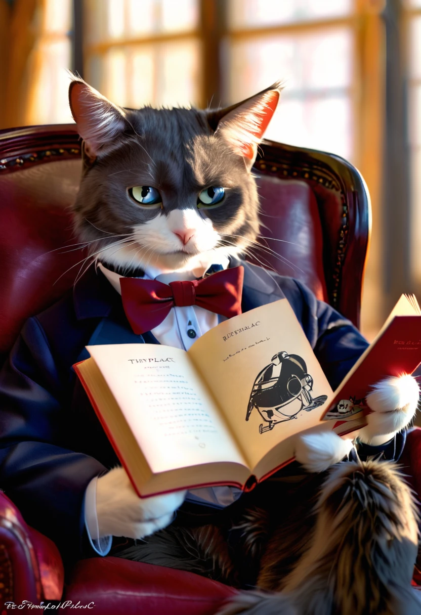 A sophisticated cat wearing a monocle and bow tie, reading a tiny book while sitting in a plush armchair by a fireplac