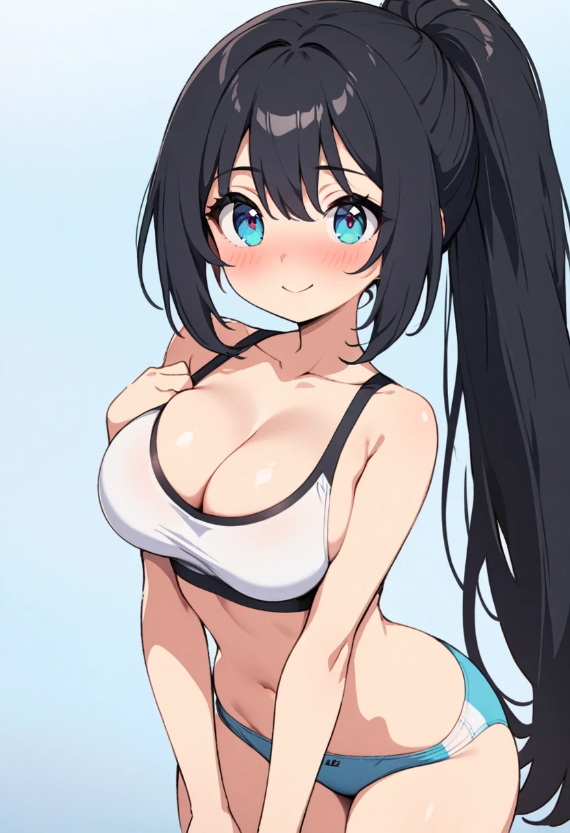 Sports bras and sports panties,Slim body,Large Breasts,I can see her cleavage,Blushing,Smiling face,woman(Semi-ponytail,,Black Hair,Blue eyes),Masterpiece,2D taste,looking at the camera