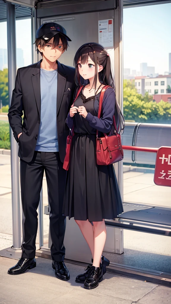 Beautiful girl meets a boy at the bus stop