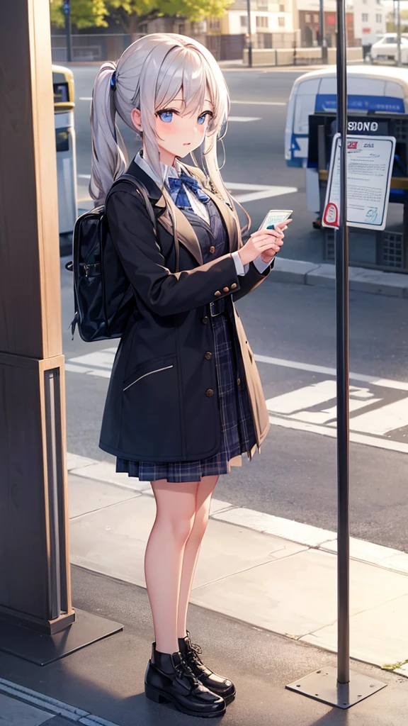 Beautiful girl meets a boy at the bus stop