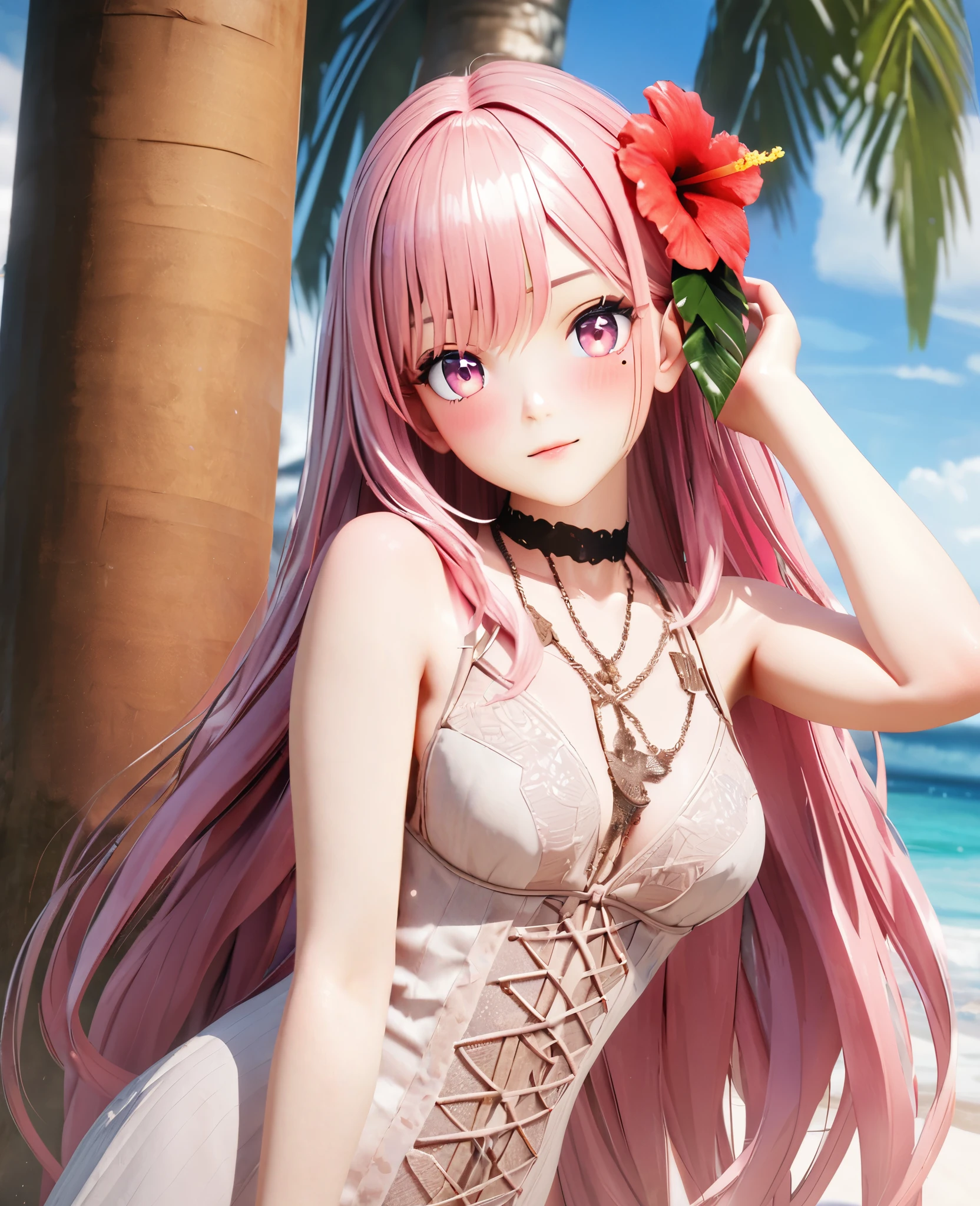 masterpiece,highest quality, Very detailed, High resolution, expensive resolution, High resolution, 4K, 8k, unity 8k wallpaper, Very detailed CG, masterpiece, 2D, 3D, Beautiful details, depth, Fine texture , highest quality: 1.3, Fully focused, Crispy.skin, .he,
Very cute anime girl 、bikini、Large Breasts、Pink medium-long hair wearing expensive , One Girl、Palm tree、Seaside, Mole under the eye, looking at the viewer , expensive , blush, Mole, Lips parted, Hibiscus Hair Accessories, heart, Pink Eyes, choker