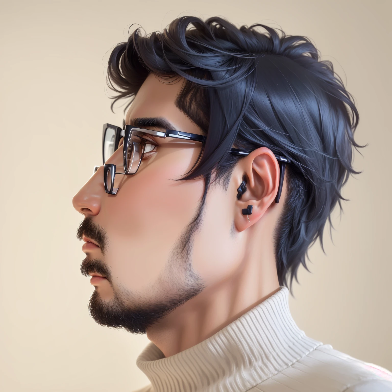wired man with glasses and a sweater looking up, sem barba, sem barba and mustache, com uma pequena barba, inspirado por Bikash Bhattacharjee, Pose de perfil, professional Foto do perfil, side retrato de perfil, barba enrolada, Foto do perfil, angle retrato de perfil, costeletas de carneiro, com rosto preciso, retrato centralizado no perfil lateral, retrato de perfil, perspectiva do perfil