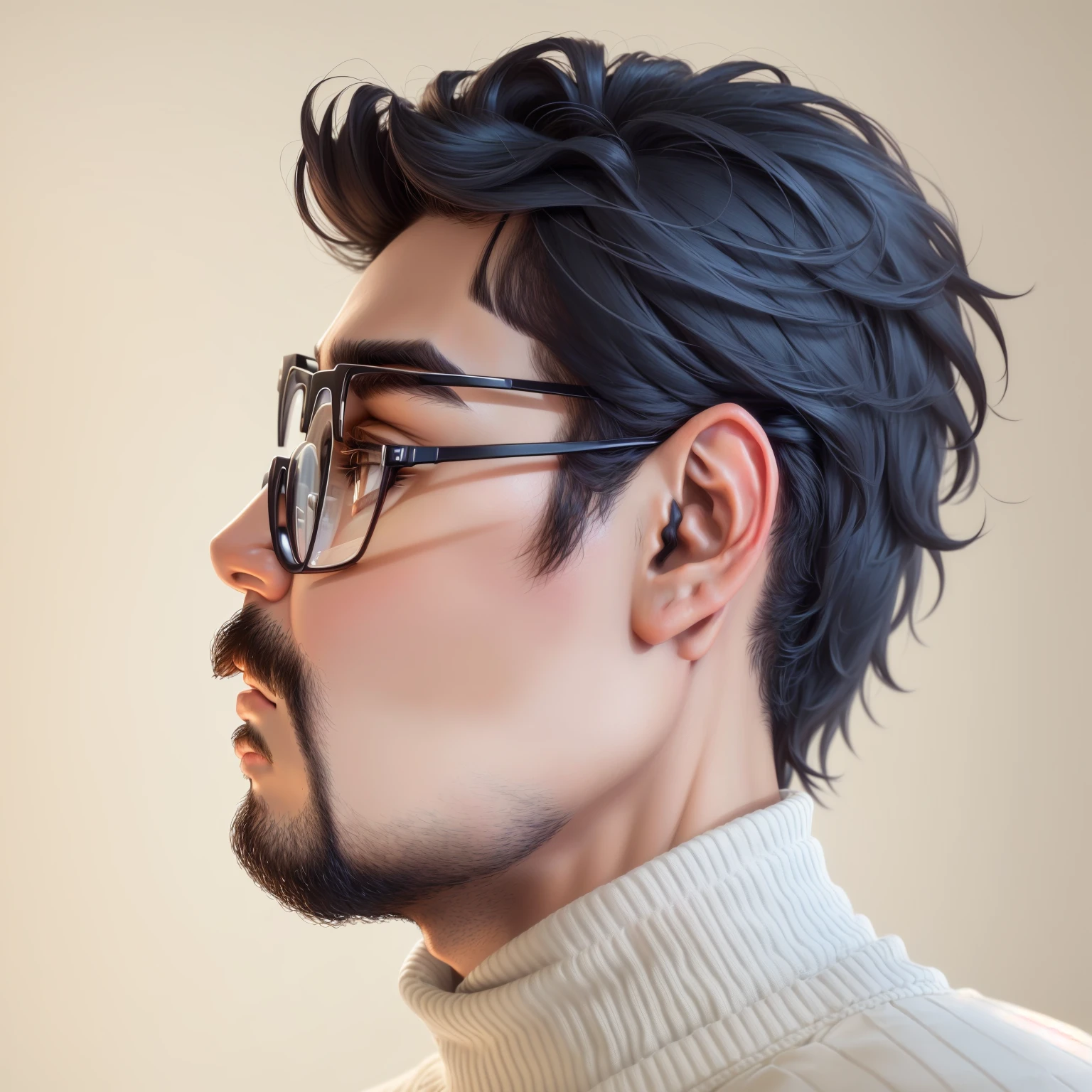 wired man with glasses and a sweater looking up, sem barba, sem barba and mustache, com uma pequena barba, inspirado por Bikash Bhattacharjee, Pose de perfil, professional Foto do perfil, side retrato de perfil, barba enrolada, Foto do perfil, angle retrato de perfil, costeletas de carneiro, com rosto preciso, retrato centralizado no perfil lateral, retrato de perfil, perspectiva do perfil