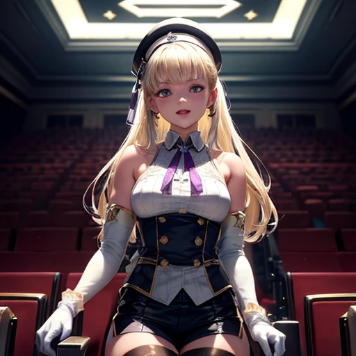 z23,, Textured skin, 8k, Beautiful attention to detail, Cinema Lighting, Beautifully detailed face, Super detailed, World Masterpiece Theatre, Cinema Lighting,, One girl, alone, Blonde, Purple eyes, Hair Ribbon, White shirt, beret, Bare shoulders, gloves, Iron Cross, Bike Shorts, :d, Armband, white gloves, Cowboy Shot,