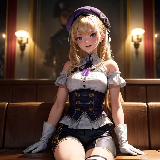 z23,, Textured skin, 8k, Beautiful attention to detail, Cinema Lighting, Beautifully detailed face, Super detailed, World Masterpiece Theatre, Cinema Lighting,, One girl, alone, Blonde, Purple eyes, Hair Ribbon, White shirt, beret, Bare shoulders, gloves, Iron Cross, Bike Shorts, :d, Armband, white gloves, Cowboy Shot,
