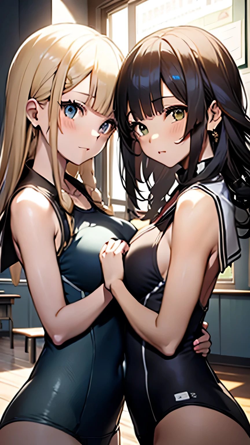 (Very detailed CG Unity 8K wallpaper),(masterpiece), (Highest quality), (Very detailed), (Best illustrations),(Best Shadow), Large Breasts, Big Breasts,Two Girls,Two girls,Facing other girls,Chest to chest, (Breast Press)Chest to chest,Check it out,  Couple, Perfect Anatomy, Symmetric, Sukumizu, School Swimsuit, blush,  Uplifting