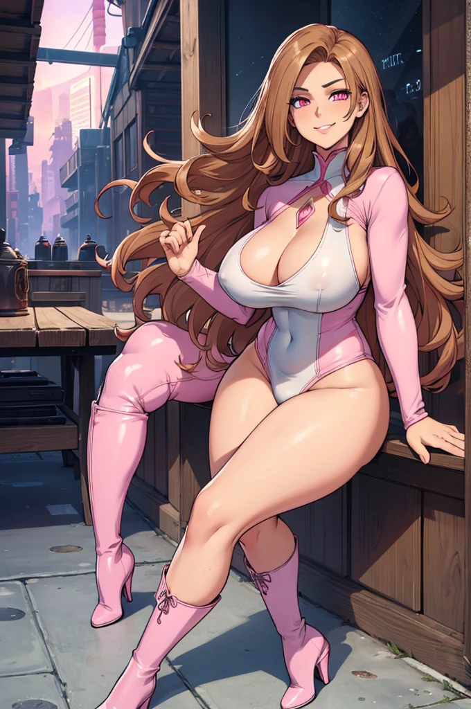 a ultra high quality fully detailed master piece 32k fully body attractive young woman with long brown wavy hair, light skin, pink eyes, a smug smile, huge breasts, pink warm spy attire, long boots, curvaceous hourglass figure, long legs, thick thighs. Spy clothing.