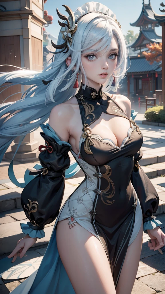 elegant young woman, 1 girl, solo, long light blue hair, blue eyes, fur-trimmed white coat, large breasts, white gloves, jewelry, maid dress, maid apron, maid headdress, white apron, Shenhe (Genshin Impact), Genshin Impact, night scene, traditional Chinese style, lanterns, best quality, masterwork, photorealistic, 8K, hyper detailed, 1girl, dress, solo, flowing hair, floating hair, ornament hair, perfectly body, perfectly hands, on garden, petals, centered girl, white dress, more details on her clothes, dress with transparency, golden details, daylight, smiling, cape, ((4k, masterpiece, top-quality)),8k, best quality, high resolution, HD, (illustration:0.8), super cute girl, delicate and beautiful face, mature girl, super cute hairstyle, (beautiful detailed eyes:1.6), extremely detailed face, perfect lighting, extremely detailed CG, (perfect hands, perfect anatomy), Best quality, cleavage, small skirt, full Body, two arms, two hands, two legs, five fingers in each one hand, solo, long hair, blue eyes, fur trim, fur-trimmed coat, large breasts, white gloves, light blue hair, white coat, jewelry, maid dress, maid apron, maid headdress, sexy girl, large breasts, Shenhe_(genshin impact), Genshin Impact, 1girl, solo, white hair, arle_suit, masterwork, best quality, chinese style, night, lanterns, tradicional chinese style, maid dress, maid headdress,