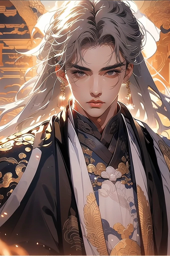 a man in a white robe, young and handsome man, ponytail, waist-length hair, ancient Chinese clothing, qi, a huge saber, ancient Chinese buildings in the background, night, powerful character, purple rays, a beautiful landscape. Detailed face, thick eyebrows, black eyes, 8k, robe embroidered with gold edges, detailed clothing, xianxia, ​​world of cultivation. ((upper body))