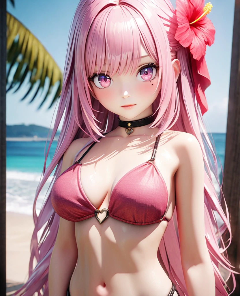 masterpiece,highest quality, Very detailed, High resolution, expensive resolution, High resolution, 4K, 8k, unity 8k wallpaper, Very detailed CG, masterpiece, 2D, 3D, Beautiful details, depth, Fine texture , highest quality: 1.3, Fully focused, Crispy.skin, .he,
Very cute anime girl 、bikini、Large Breasts、Pink medium-long hair wearing expensive , One Girl、Palm tree、Seaside, Mole under the eye, looking at the viewer , expensive , blush, Mole, Lips parted, Hibiscus Hair Accessories, heart, Pink Eyes, choker