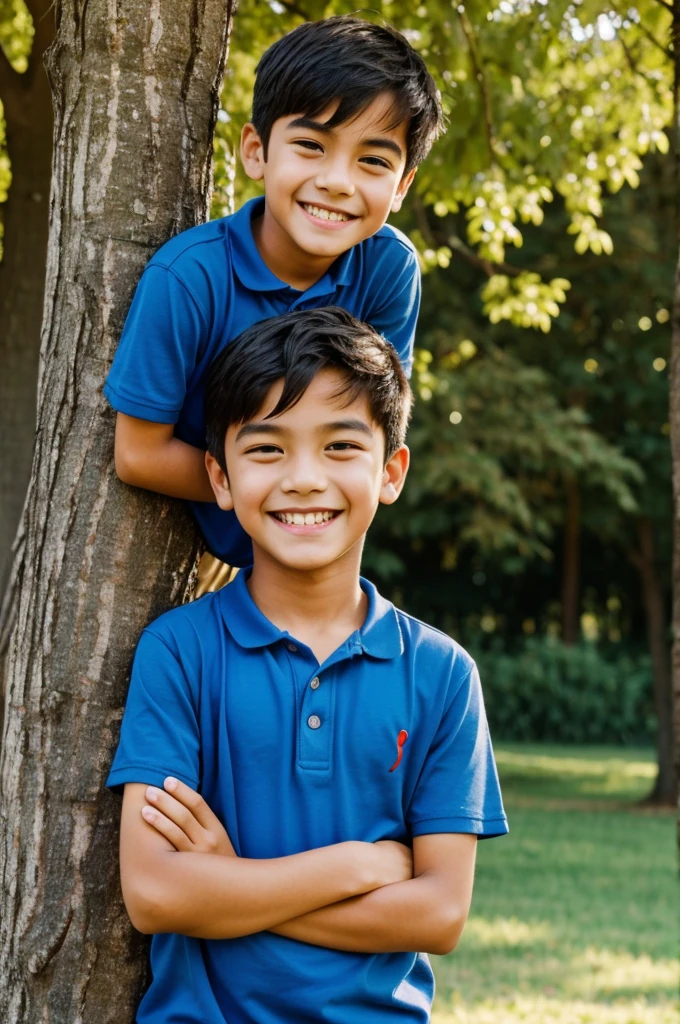 a boy with happy face infront the tree