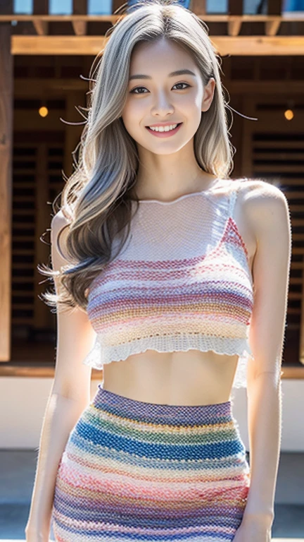 Japanese Girls、the way、((highest quality,masterpiece,超A high resolution)),(Realistic:1.4),1 girl,Head to Knee,Dynamic posture,Adult face,slim,thin、(smile),(Shiny skin),(overview,frontage,Twilight),Gray Hair,Long white hair,Rainbow Eyes,Large Breastini skirt),(Clear Eyes),(Beautiful nose),(Transparent lips),(Fair skin),(Ultra-realistic woven texture)